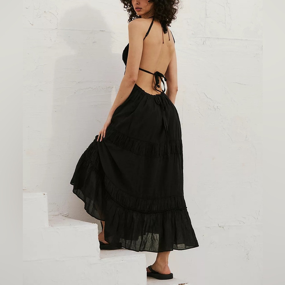 Free People Taking Sides Open Back Tiered Ruffle Strappy Tie Maxi Midi Dress - Picture 4 of 4
